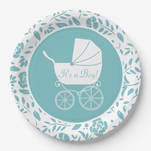 Vintage Carriage Baby Shower Cute Blue Boy Paper Plates