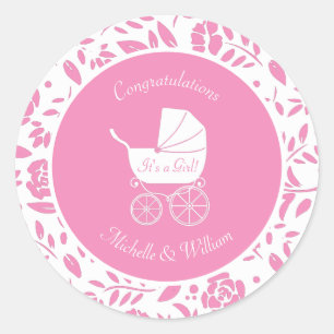 Vintage Carriage Baby Shower Cute Pink Girl Classic Round Sticker