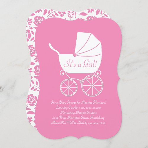 Vintage Carriage Baby Shower Cute Pink Girl Invitation