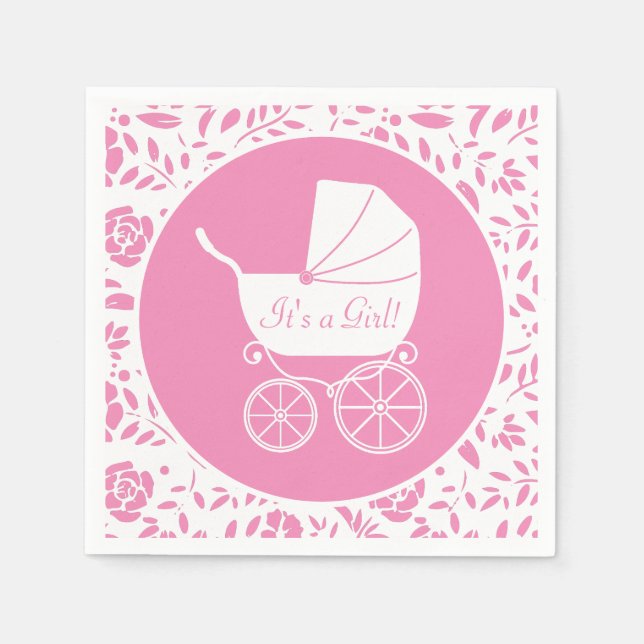 Vintage Carriage Baby Shower Cute Pink Girl Napkins (Front)