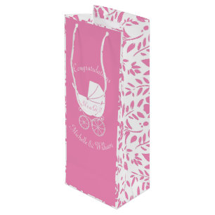 Vintage Carriage Baby Shower Cute Pink Girl Wine Gift Bag