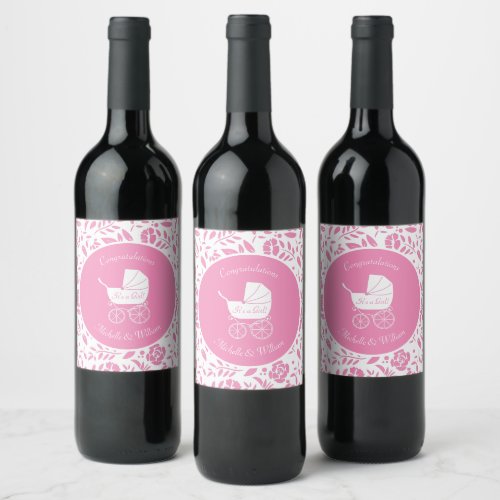 Vintage Carriage Baby Shower Cute Pink Girl Wine Label