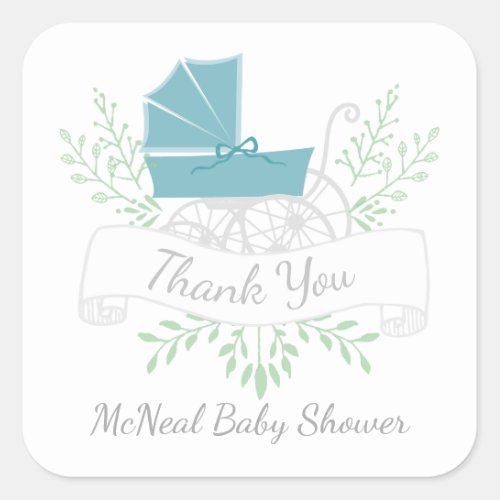vintage carriage BABY SHOWER thank you blue Square Sticker