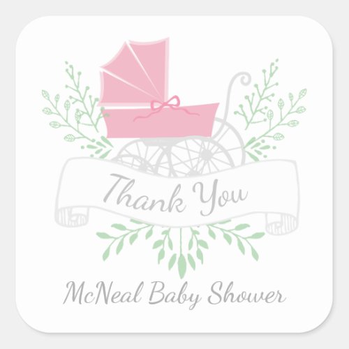 vintage carriage BABY SHOWER thank you pink Square Sticker