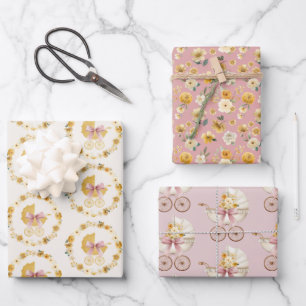 Vintage Carriage Floral Pink Baby Shower Wrapping Paper Sheets