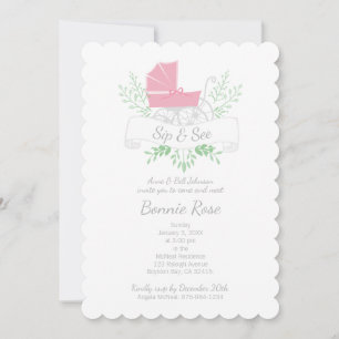 vintage carriage girl SIP & SEE pink pram Invitation