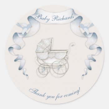 Vintage Carriage Ivory Blue Gingham Classic Round Sticker by nawnibelles at Zazzle