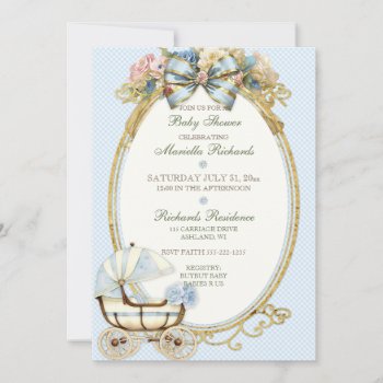 Vintage Carriage Ivory Blue Gold Roses Gingham Invitation by nawnibelles at Zazzle