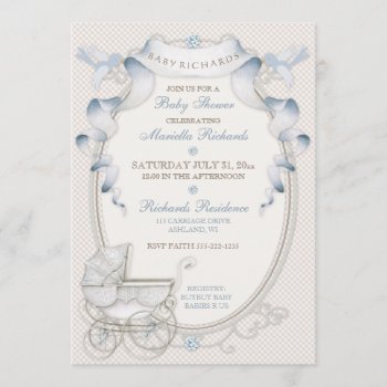 Vintage Carriage Ivory Gingham Blue Birds Invitation by nawnibelles at Zazzle