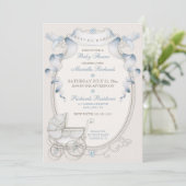 Vintage Carriage Ivory Gingham Blue Birds Invitation (Standing Front)