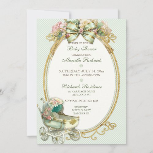 Vintage Carriage Ivory Mint Gold Roses Gingham Invitation