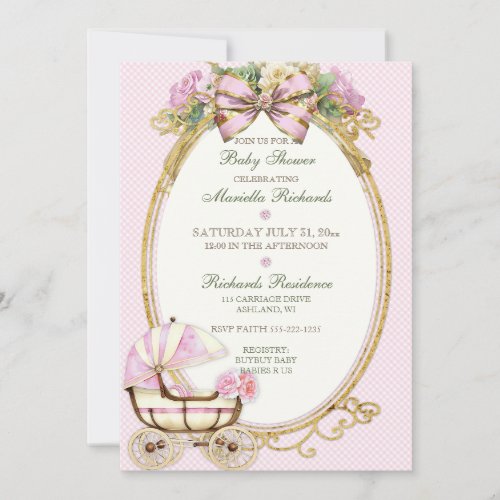 Vintage Carriage Ivory Pink Gold Roses Gingham Invitation