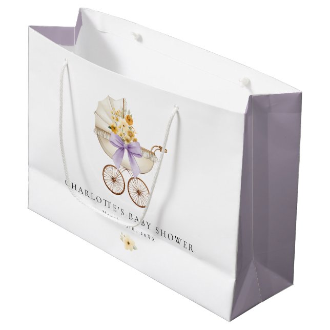 Vintage Carriage Lavender Baby Shower  Large Gift Bag (Front Angled)