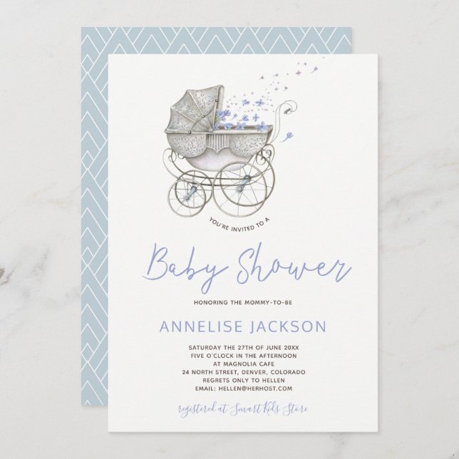 Vintage carriage pastel blue baby boy shower invitation (Front/Back)