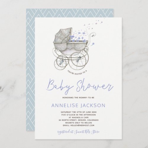 Vintage carriage pastel blue baby boy shower invitation