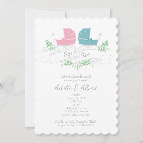 vintage carriage twins SIP  SEE pink blue pram Invitation