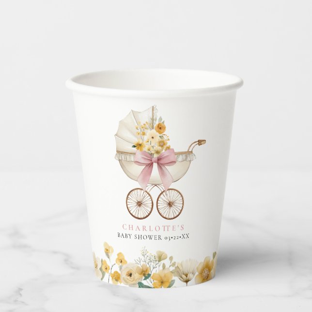 Vintage Carriage Yellow Floral Baby Shower Cup (Front)