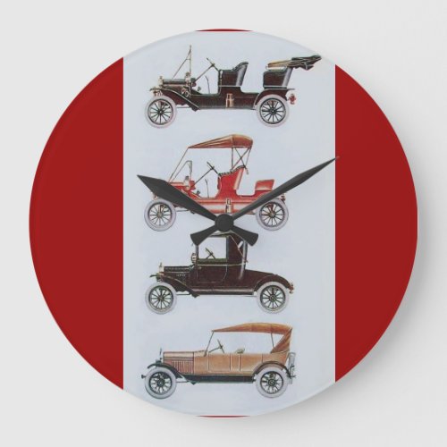 VINTAGE CARS  black white red Large Clock