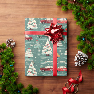 Vintage cars by Christmas trees Wrapping Paper