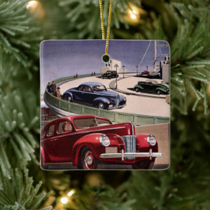 Vintage Cars, Classic Sedans Road Trip on Freeway Ceramic Ornament