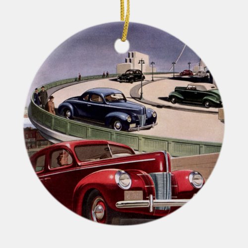 Vintage Cars Classic Sedans Road Trip on Freeway Ceramic Ornament