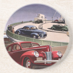 Vintage Cars, Classic Sedans Road Trip on Freeway Drink Coaster