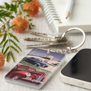 Vintage Cars, Classic Sedans Road Trip on Freeway Keychain