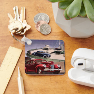 Vintage Cars, Classic Sedans Road Trip on Freeway Keychain