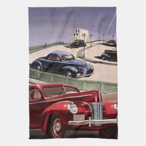 Vintage Cars Classic Sedans Road Trip on Freeway Kitchen Towel