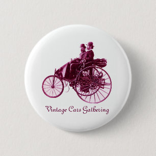 Vintage Cars Gathering , purple pink violet white Button