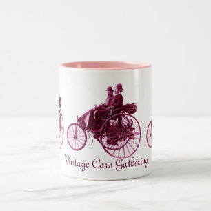 Vintage Cars Gathering , purple  pink violet white Two-Tone Coffee Mug