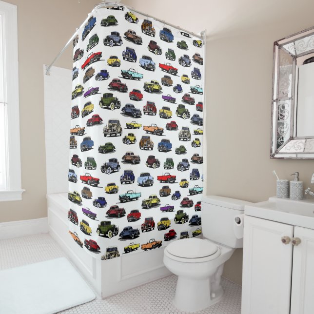 Vintage Cars Illustrations Random Pattern Shower Curtain (In Situ)