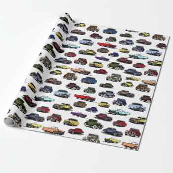 Vintage Cars Illustrations Random Pattern Wrapping Paper by judgeart at Zazzle
