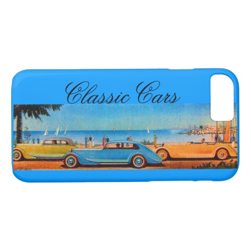VINTAGE CARS ON THE BEACH ROAD Yellow Blue iPhone 87 Case