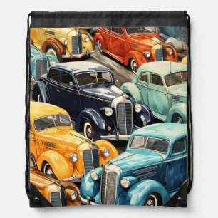Vintage Cars Pattern Drawstring Bag