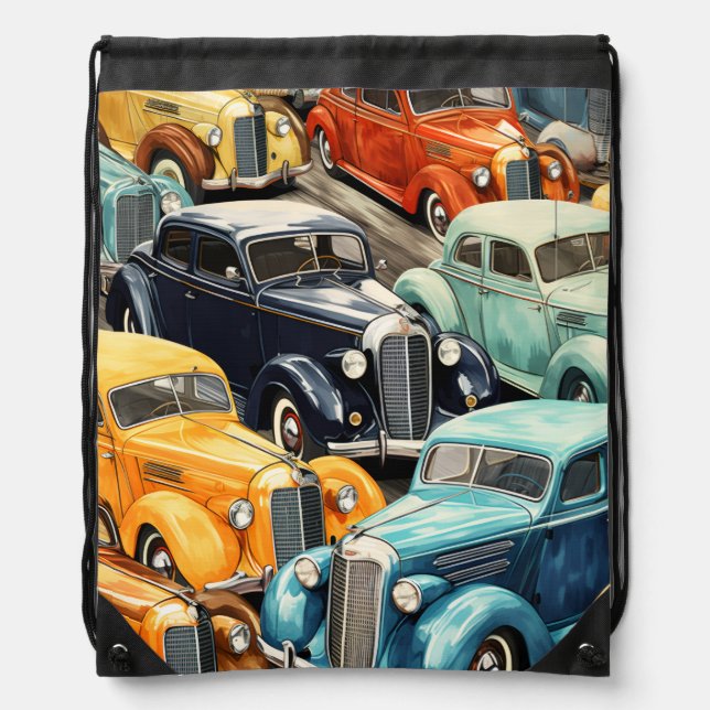 Vintage Cars Pattern Drawstring Bag (Front)