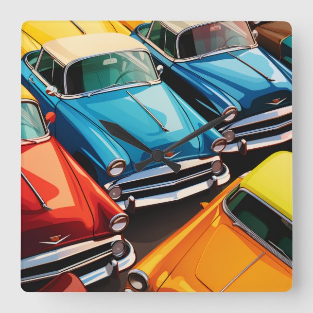 Vintage Cars Pattern Square Wall Clock (Front)
