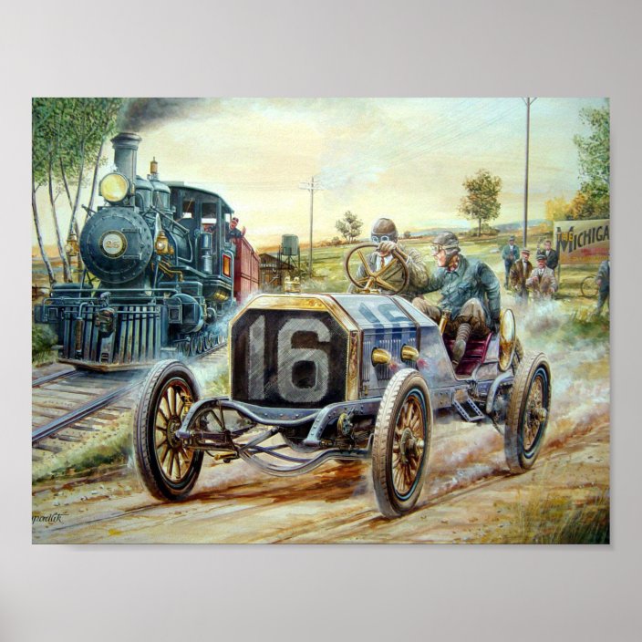 Vintage Cars Racing Scene Train Painting Poster Zazzle Com