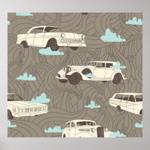 Vintage Cars Sky  Clouds Pattern Poster