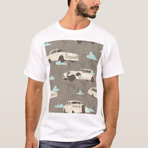 Vintage Cars Sky  Clouds Pattern T_Shirt
