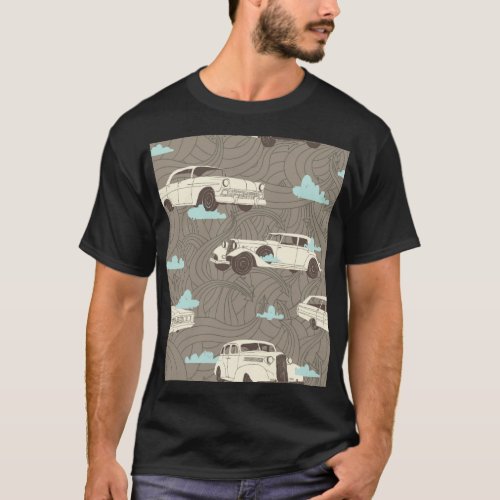 Vintage Cars Sky  Clouds Pattern T_Shirt