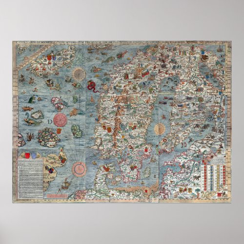 Vintage Carta Marina Scandinavia Map Poster