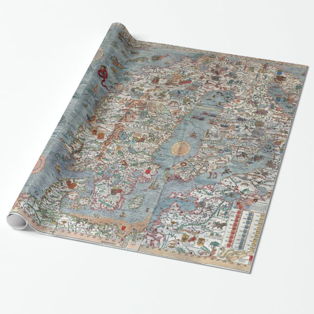 Vintage Carta Marina Sea Monster Map Wrapping Paper (Unrolled)