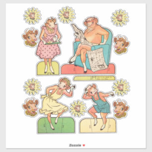 Vintage cartoon Cow Bull Family Paper Doll Cut Out Sticker