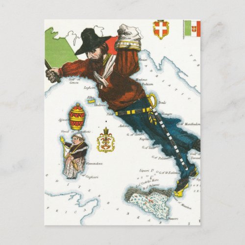 Vintage Cartoon Map of Italy Postcard