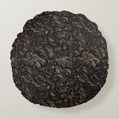 Vintage carved dark brown leather  round pillow