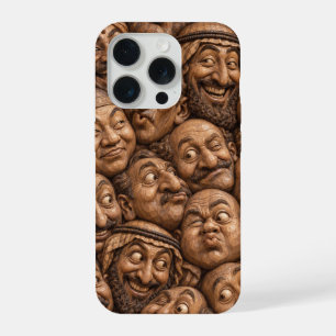 Vintage Carved Wooden Faces Abstract Pattern Art iPhone 15 Pro Case
