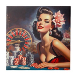 Vintage Casino Pin-Up Illustration Ceramic Tile