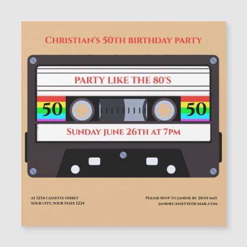 Vintage cassette magent birthday invitation