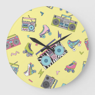 Vintage cassette, roller skates: retro large clock
